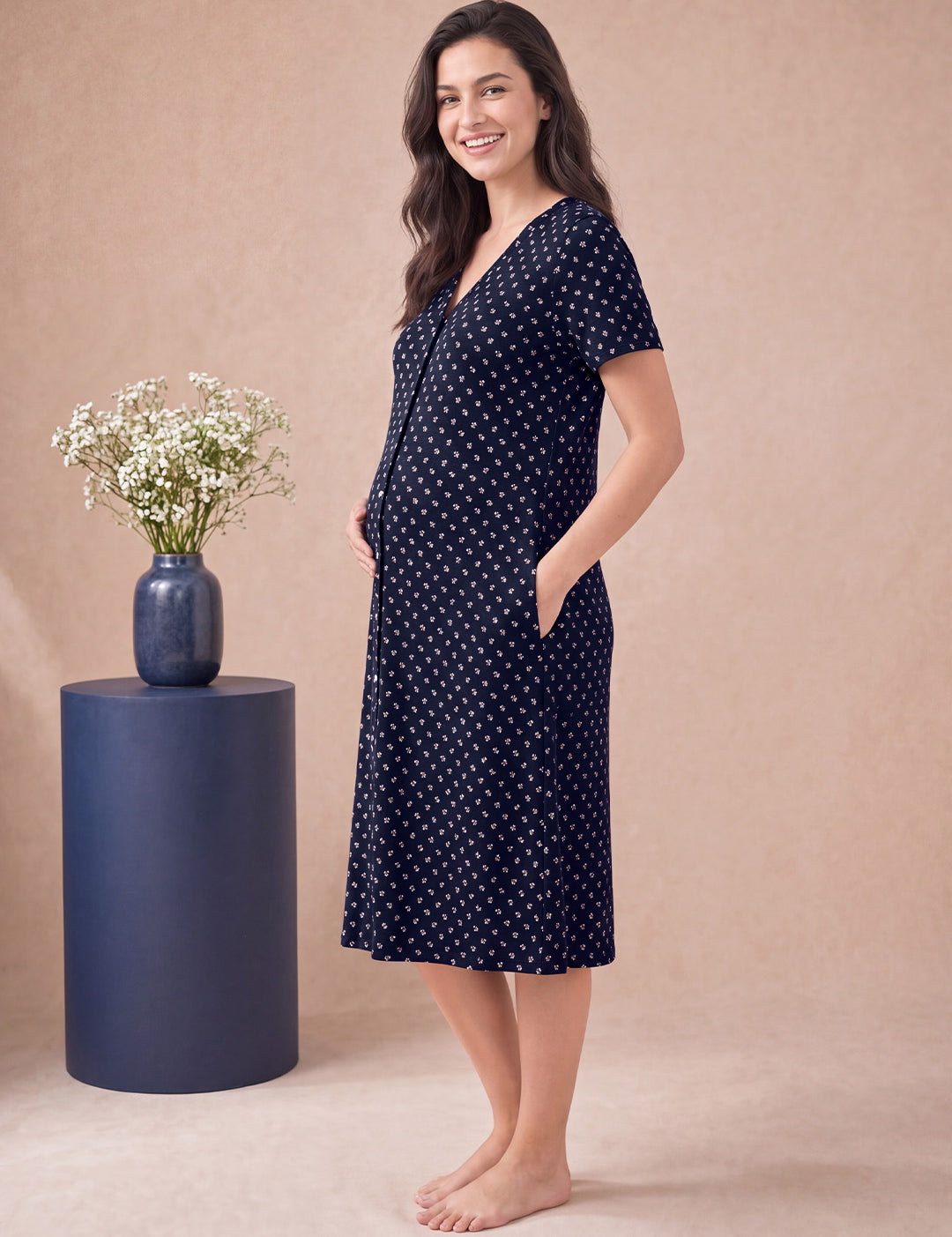 Navy Blue Printed Hosiery Zipless Maternity Nighty