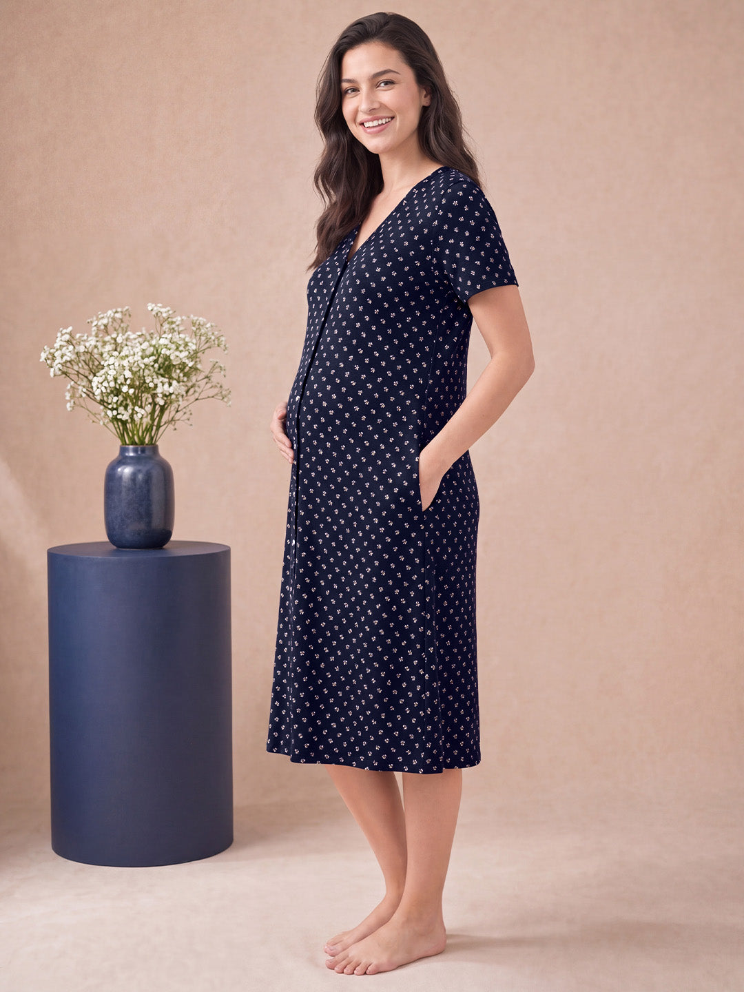 Navy Blue Printed Hosiery Zipless Maternity Nighty