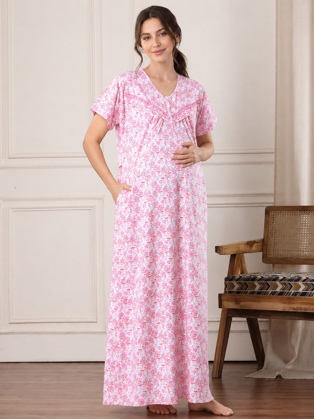 Pink Floral Pure Cotton Maternity Nighty