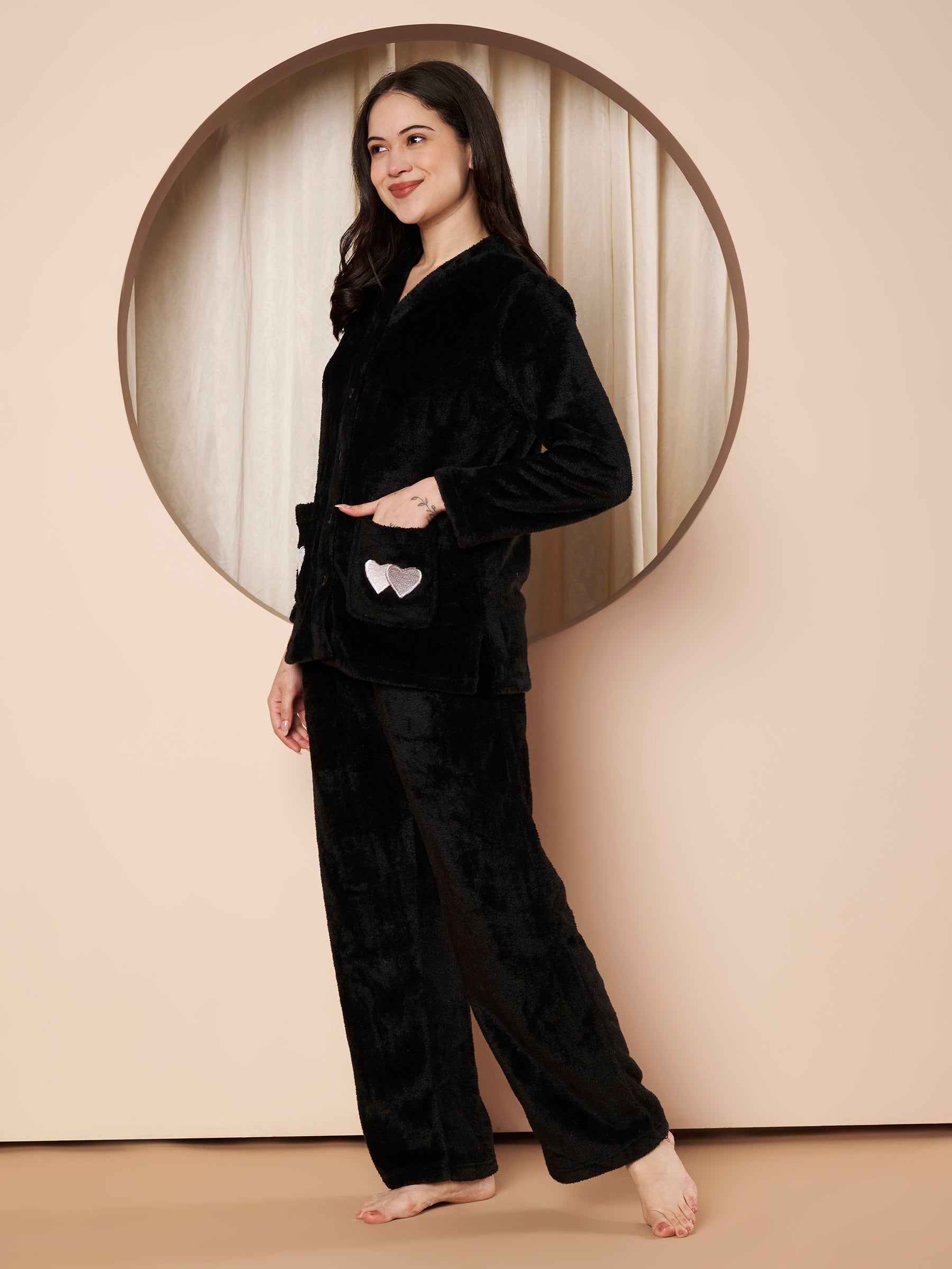 Black Midnight Heart Faux Fur Winter Night Suit