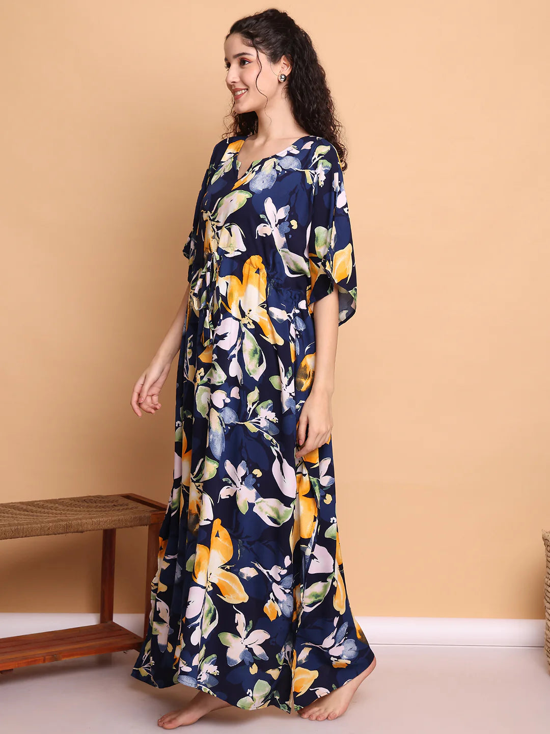 Navy Blue Floral Rayon Kaftan