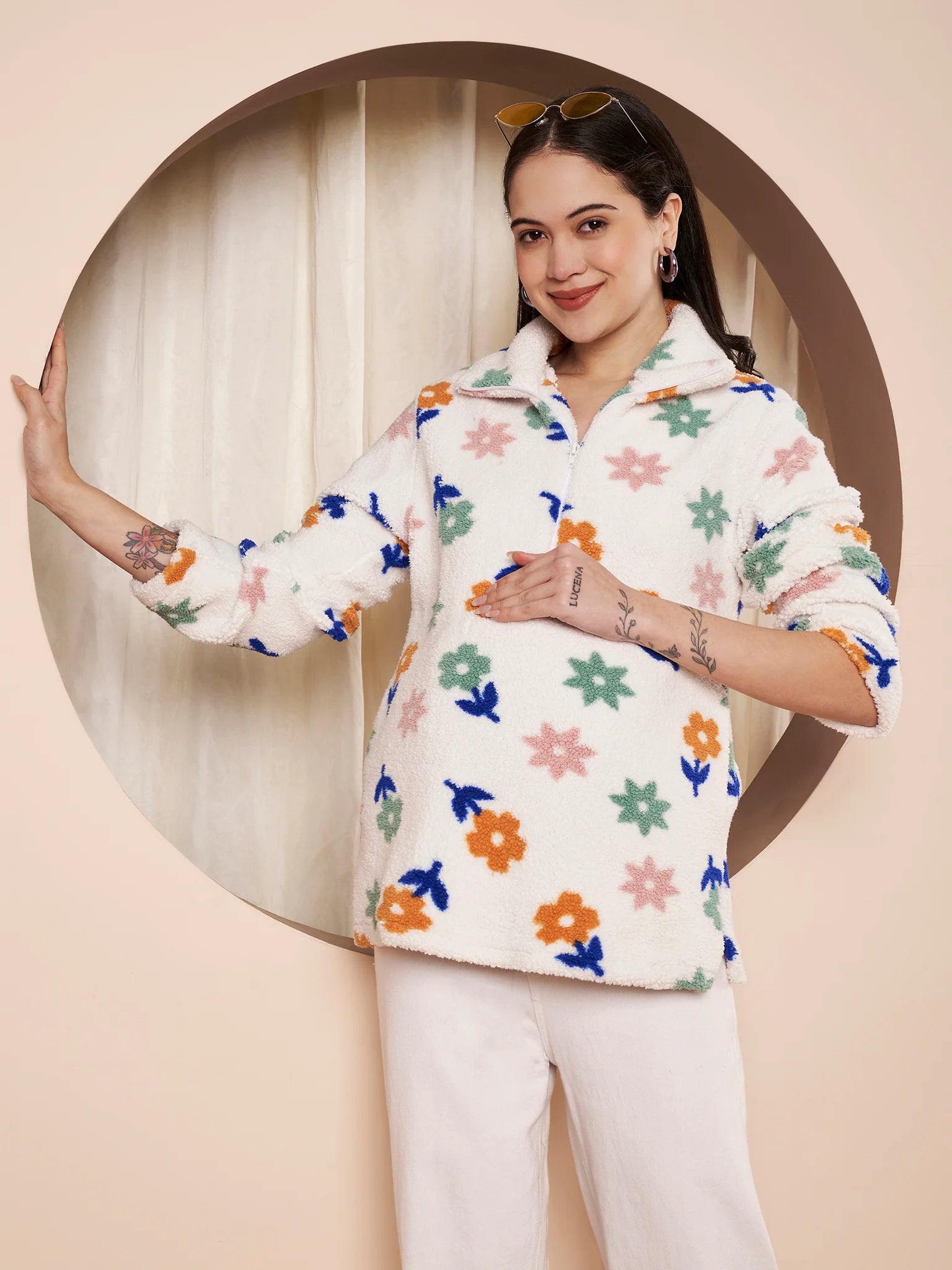 White Floral Fur Winter Maternity Pullover