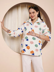 White Floral Fur Winter Maternity Pullover
