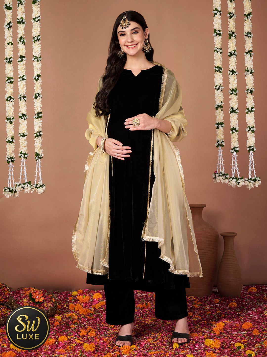 Black Velvet Maternity Kurta Set