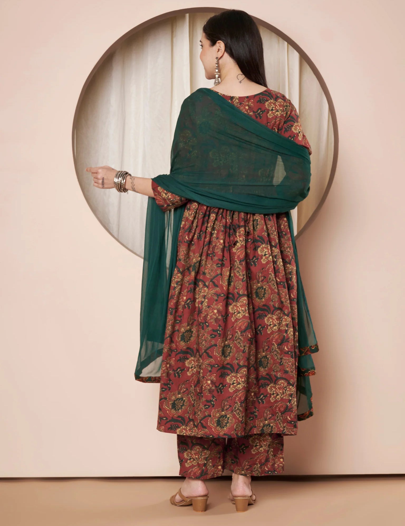 Rust Floral Cotton Maternity Kurta with Trouser and Dupatta