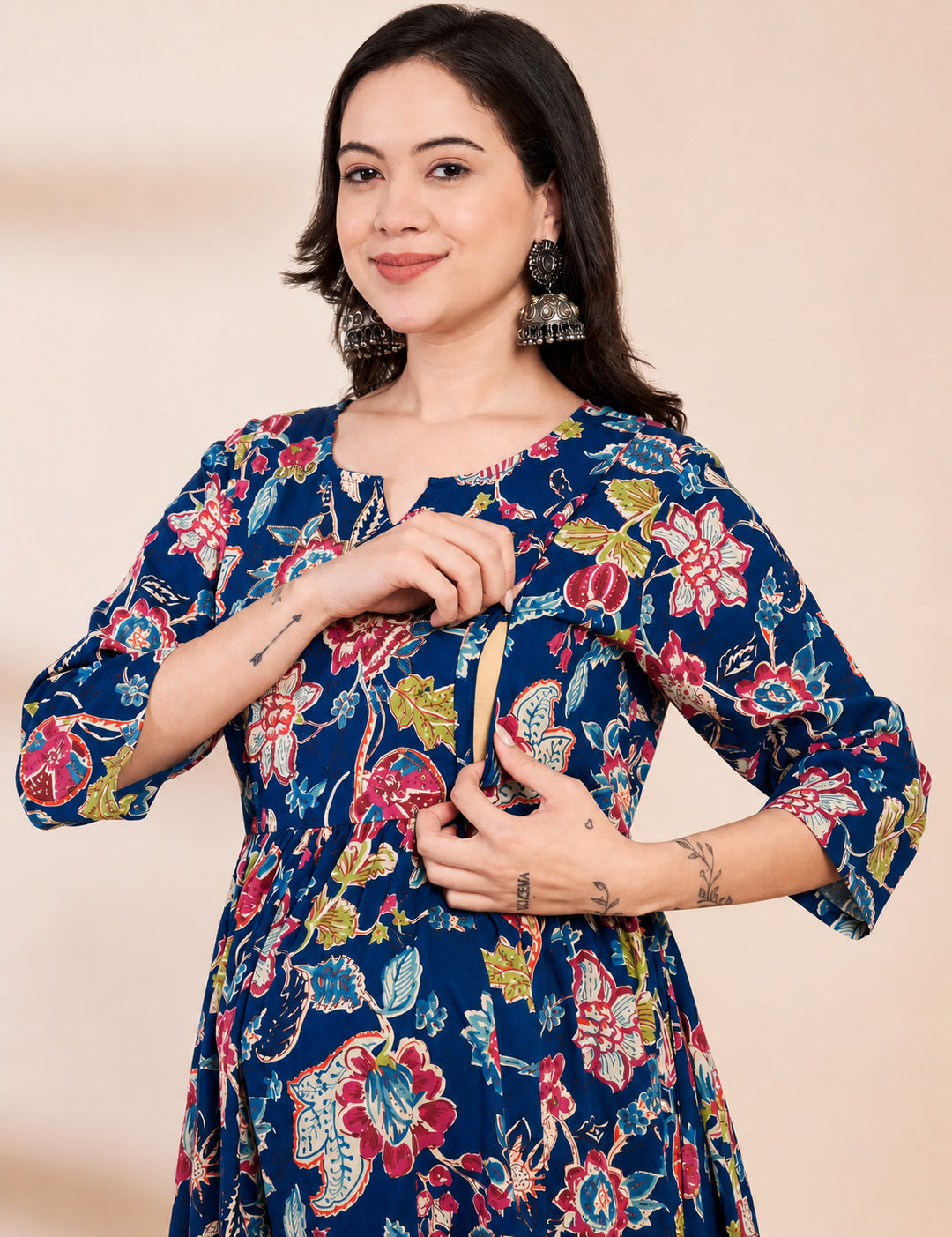 Blue Floral Cotton Hand Embroidery Maternity Kurta with Trouser and Dupatta