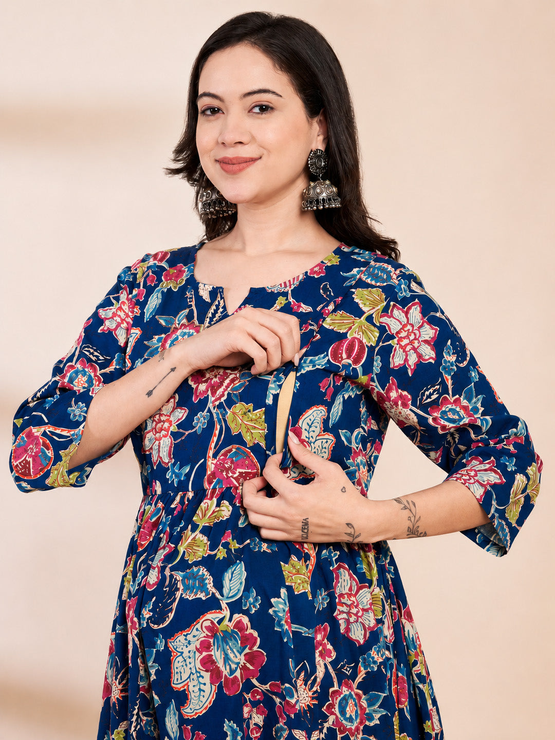 Blue Floral Cotton Hand Embroidery Maternity Kurta with Trouser and Dupatta