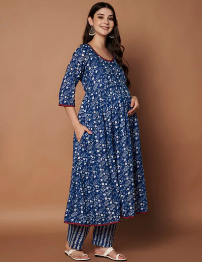 Navy Blue Floral Cotton Maternity Kurta with Trouser and Dupatta
