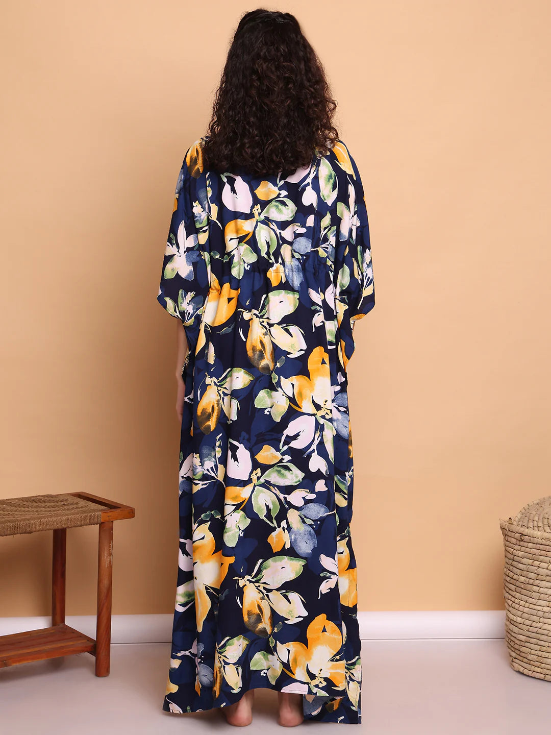 Navy Blue Floral Rayon Kaftan