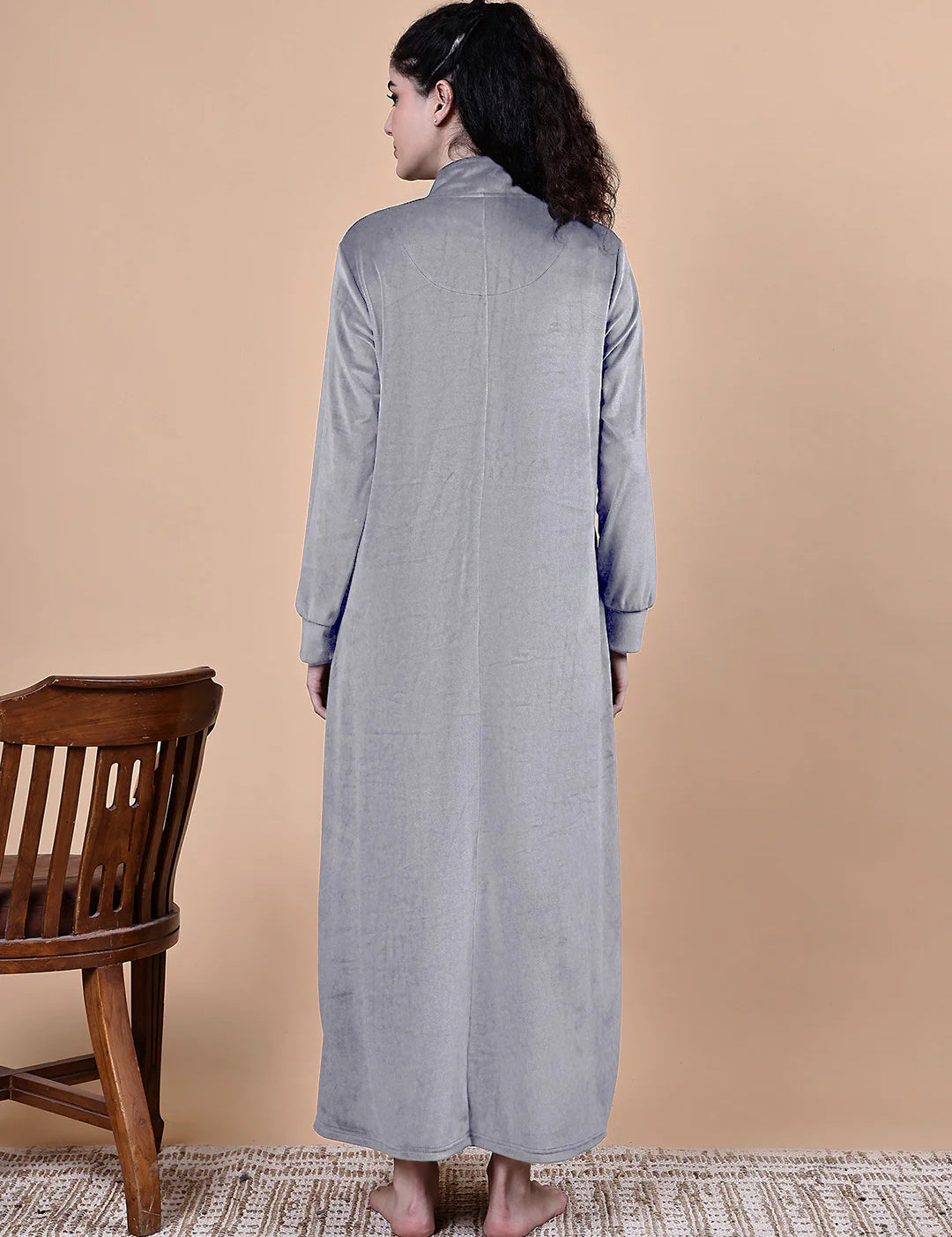 Grey Solid Velvet Winter Maternity Nighty