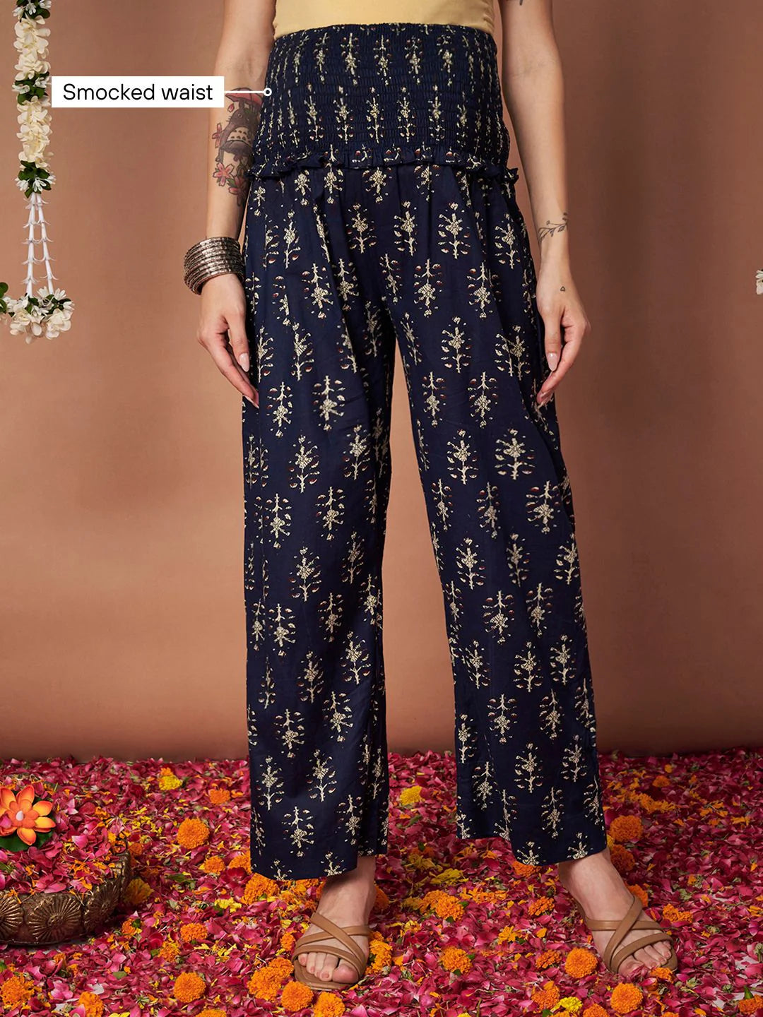 Navy Blue Ikkat Floral Print Cotton Maternity Kurta with Trouser and Dupatta