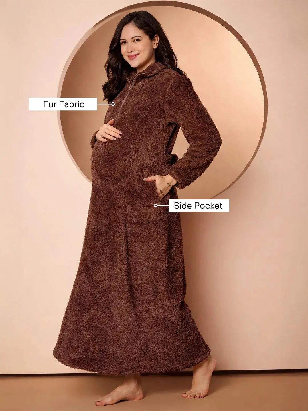 Brown Blanket Fur Maternity Winter Nighty