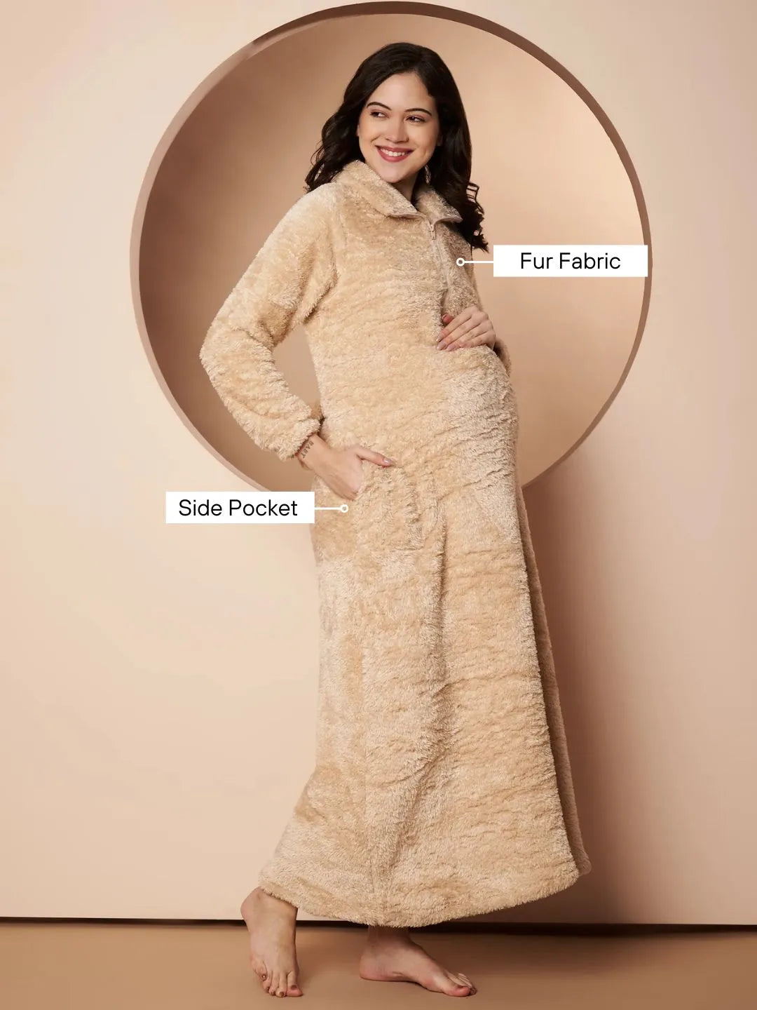 Beige Blanket Fur Maternity Winter Nighty