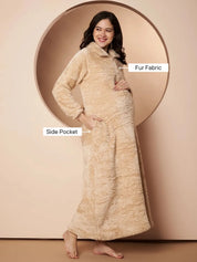 Beige Blanket Fur Maternity Winter Nighty