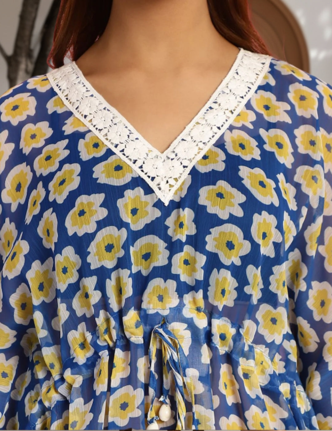 White and Blue Floral Swimwear Cover Up Kaftan