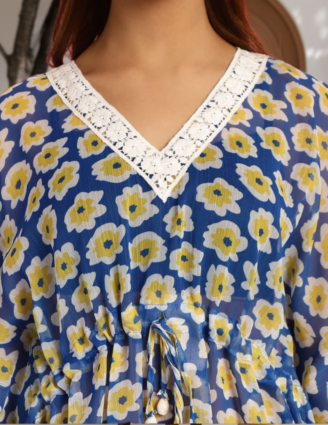 White and Blue Floral Swimwear Cover Up Kaftan