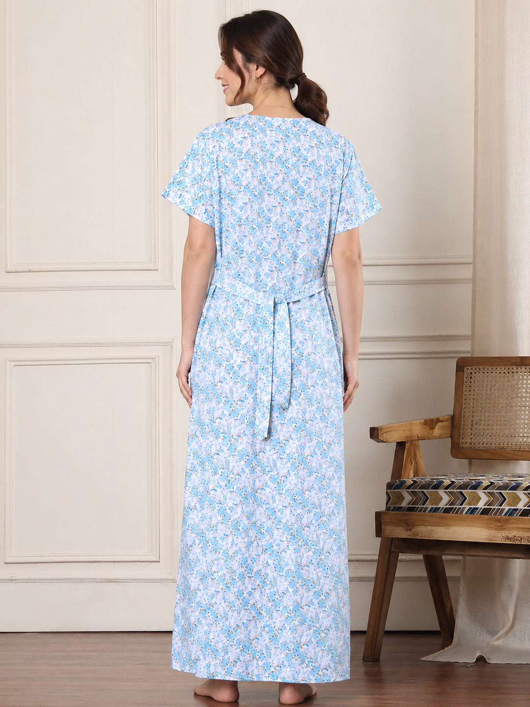 Blue Floral Pure Cotton Maternity Nighty