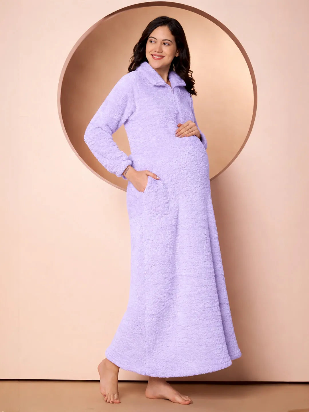 Lilac Blanket Fur Maternity Winter Nighty