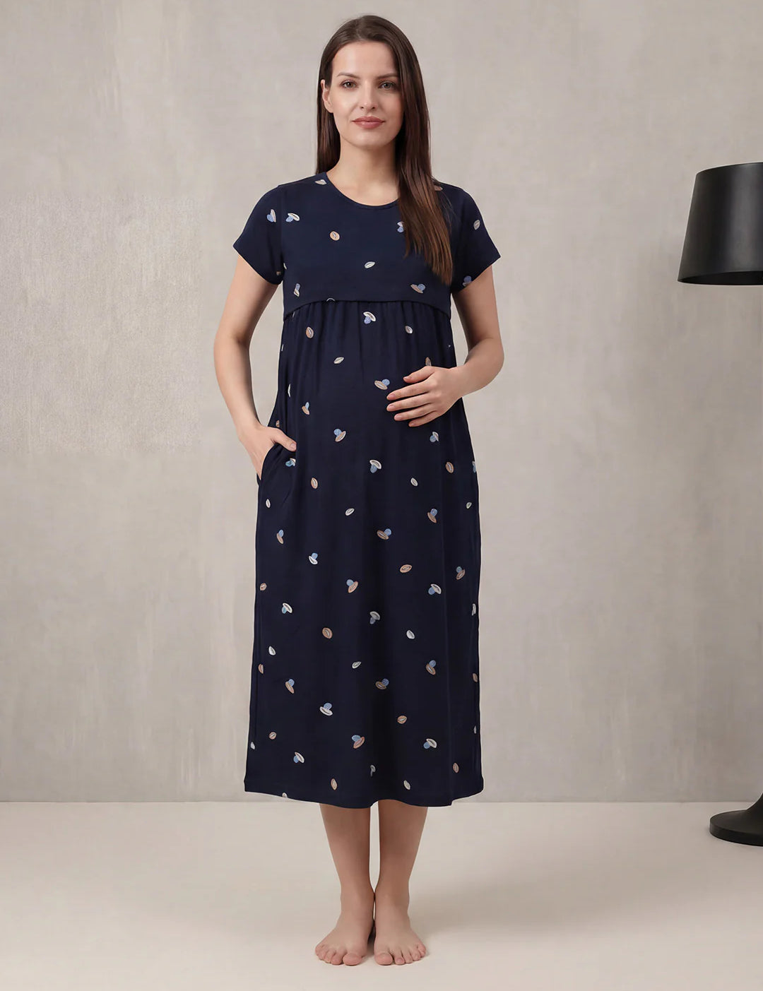 Navy Blue Shell Hosiery Maternity Nighty