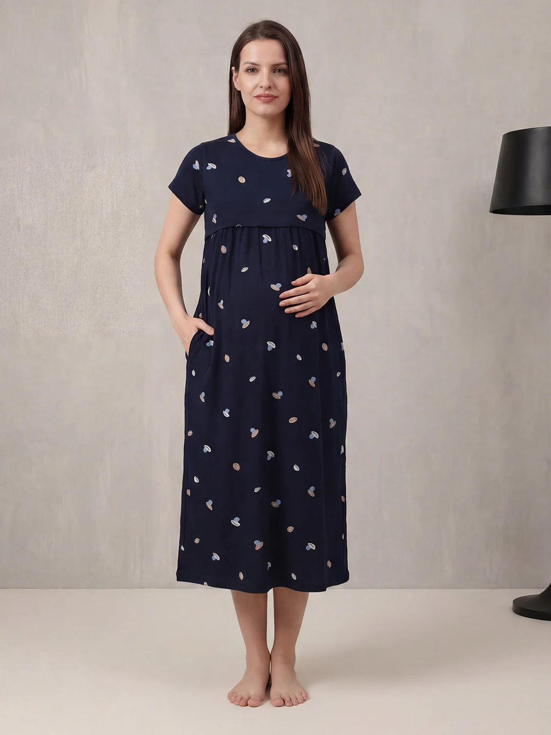 Navy Blue Shell Hosiery Maternity Nighty