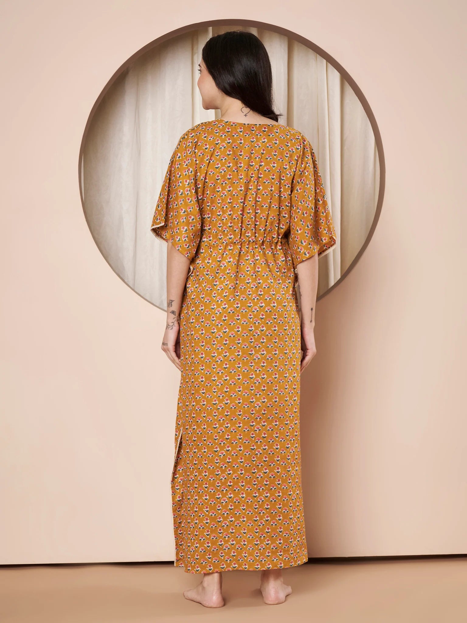 Mustard Floral Cotton Maternity Kaftan