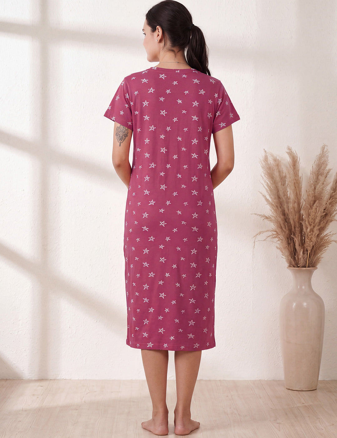 Pink Star Print Hosiery Zipless Maternity Nighty
