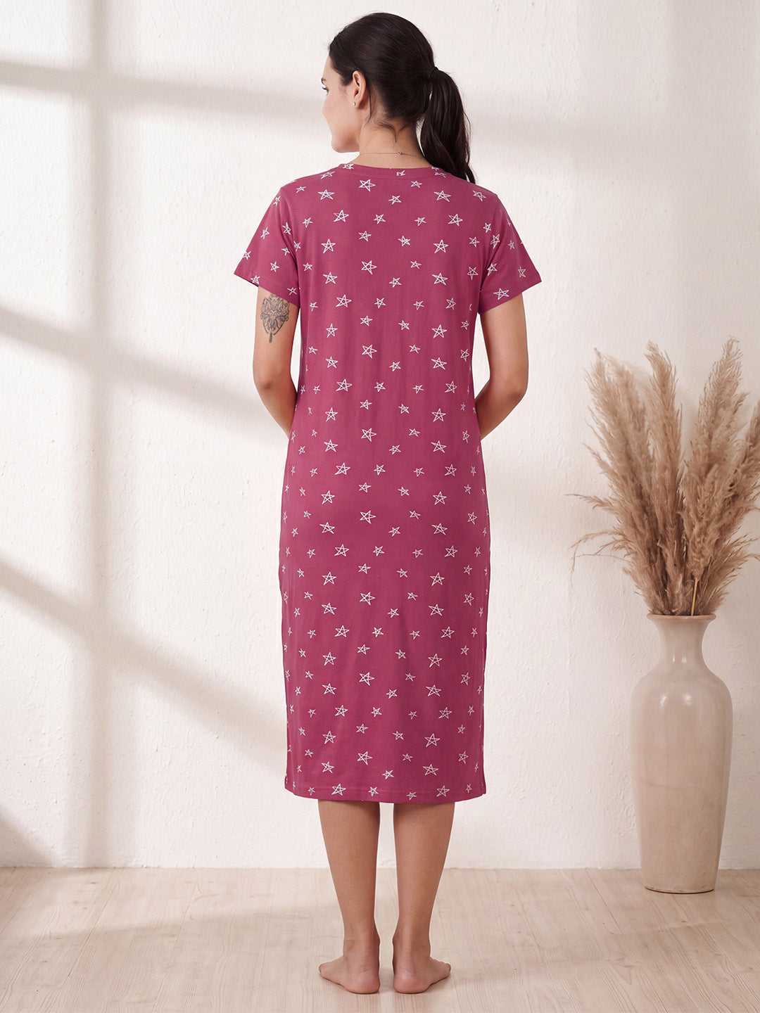 Pink Star Print Hosiery Zipless Maternity Nighty
