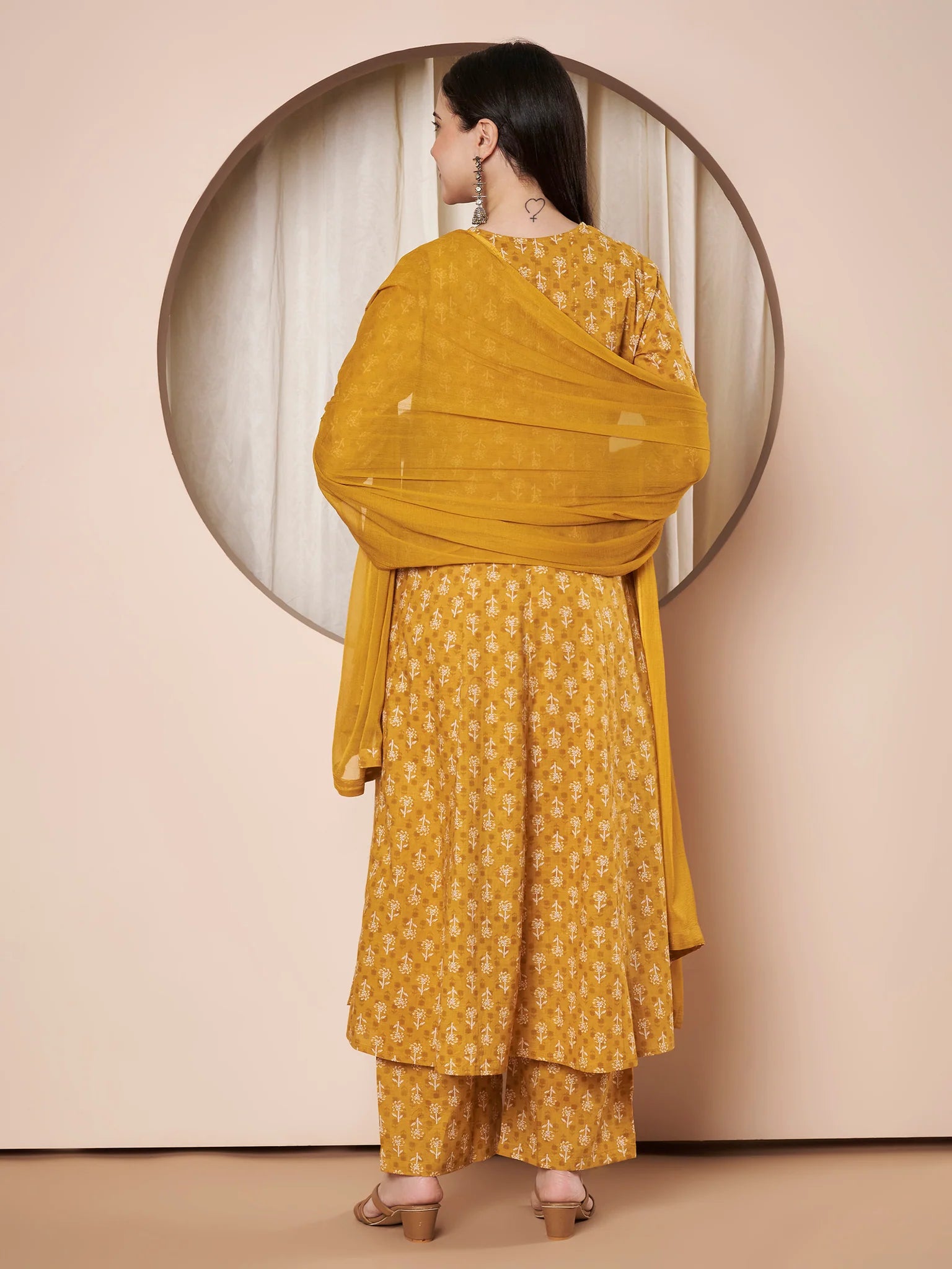 Mustard Floral Cotton Maternity Kurta with Trouser and Dupatta