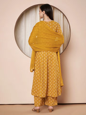 Mustard Floral Cotton Maternity Kurta with Trouser and Dupatta