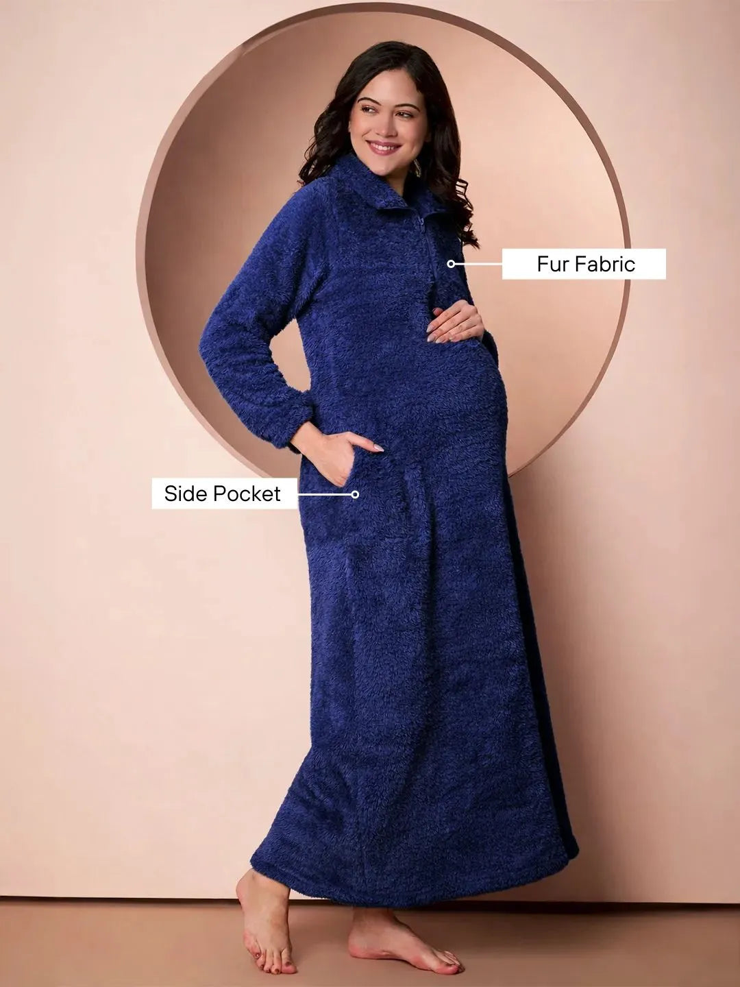 Navy Blanket Fur Maternity Winter Nighty