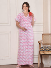 Pink Floral Pure Cotton Maternity Nighty