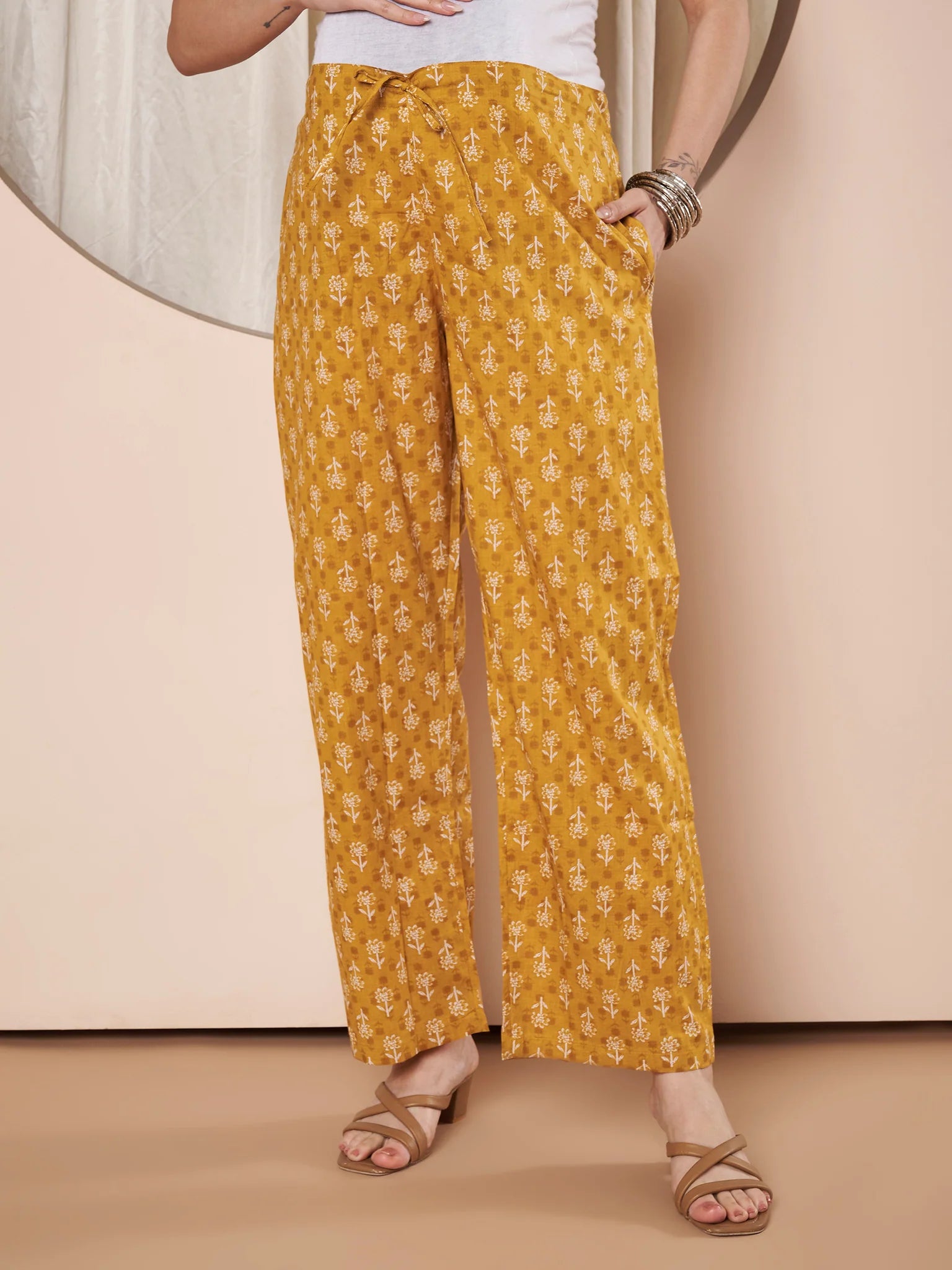 Mustard Floral Cotton Maternity Kurta with Trouser and Dupatta