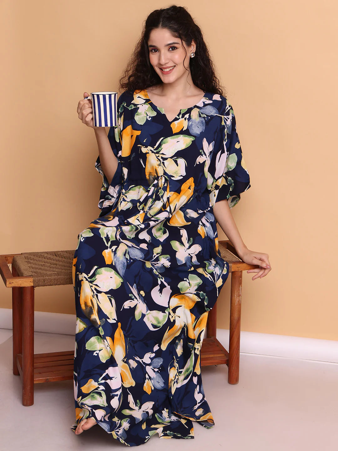 Navy Blue Floral Rayon Kaftan