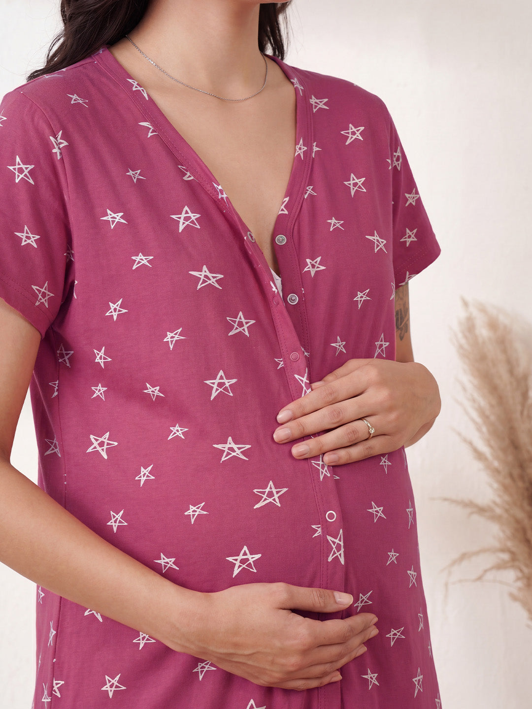 Pink Star Print Hosiery Zipless Maternity Nighty