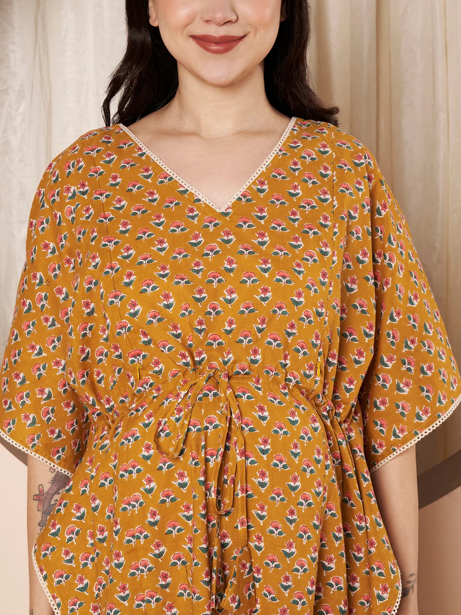Mustard Floral Cotton Maternity Kaftan