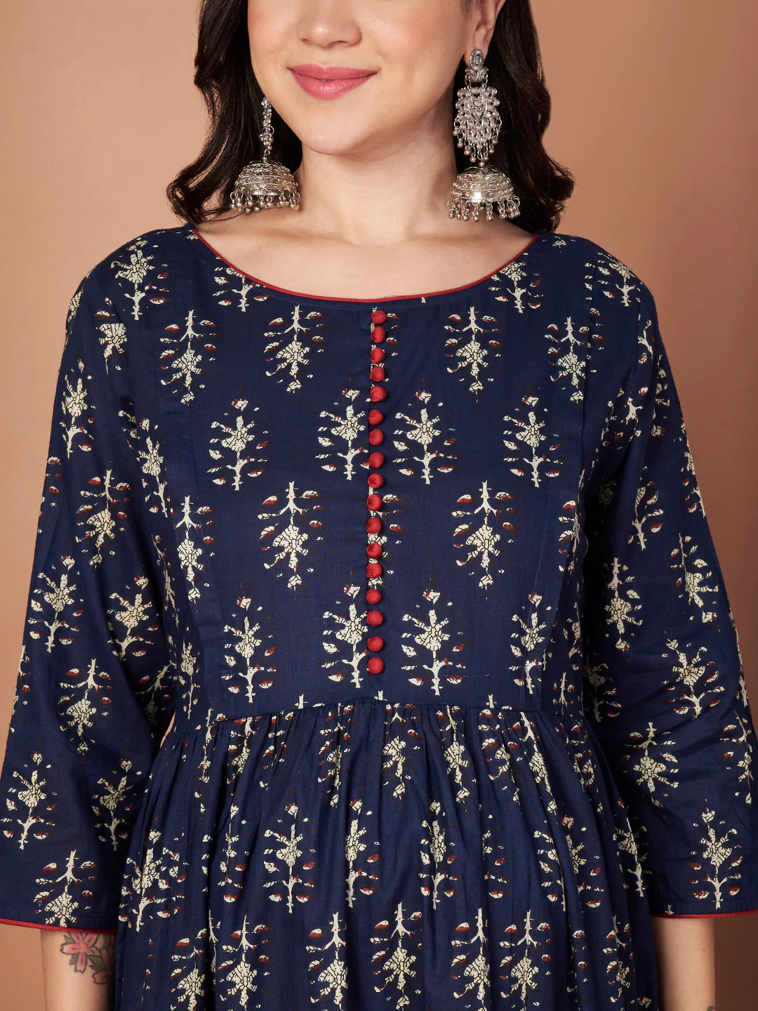 Navy Blue Ikkat Floral Print Cotton Maternity Kurta with Trouser and Dupatta