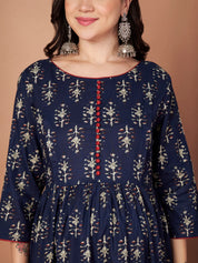 Navy Blue Ikkat Floral Print Cotton Maternity Kurta with Trouser and Dupatta