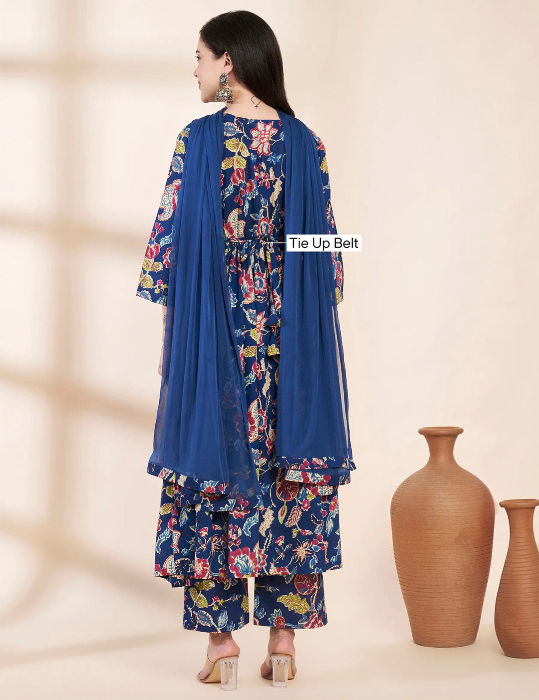 Blue Floral Cotton Hand Embroidery Maternity Kurta with Trouser and Dupatta