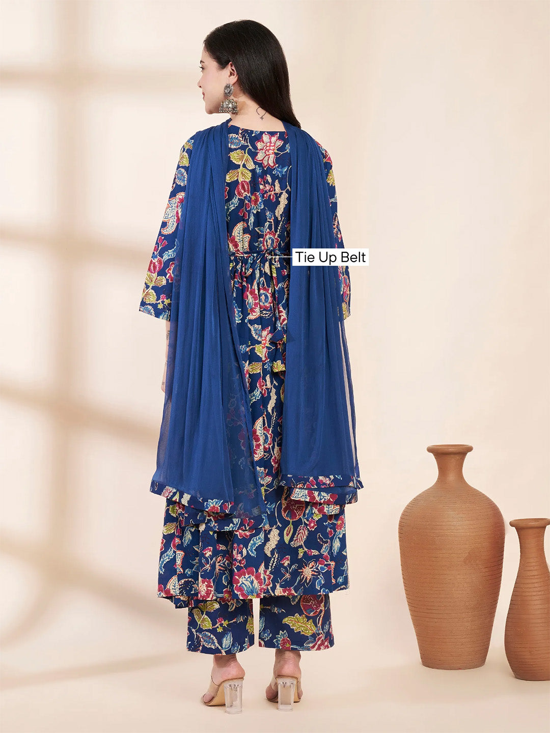 Blue Floral Cotton Hand Embroidery Maternity Kurta with Trouser and Dupatta