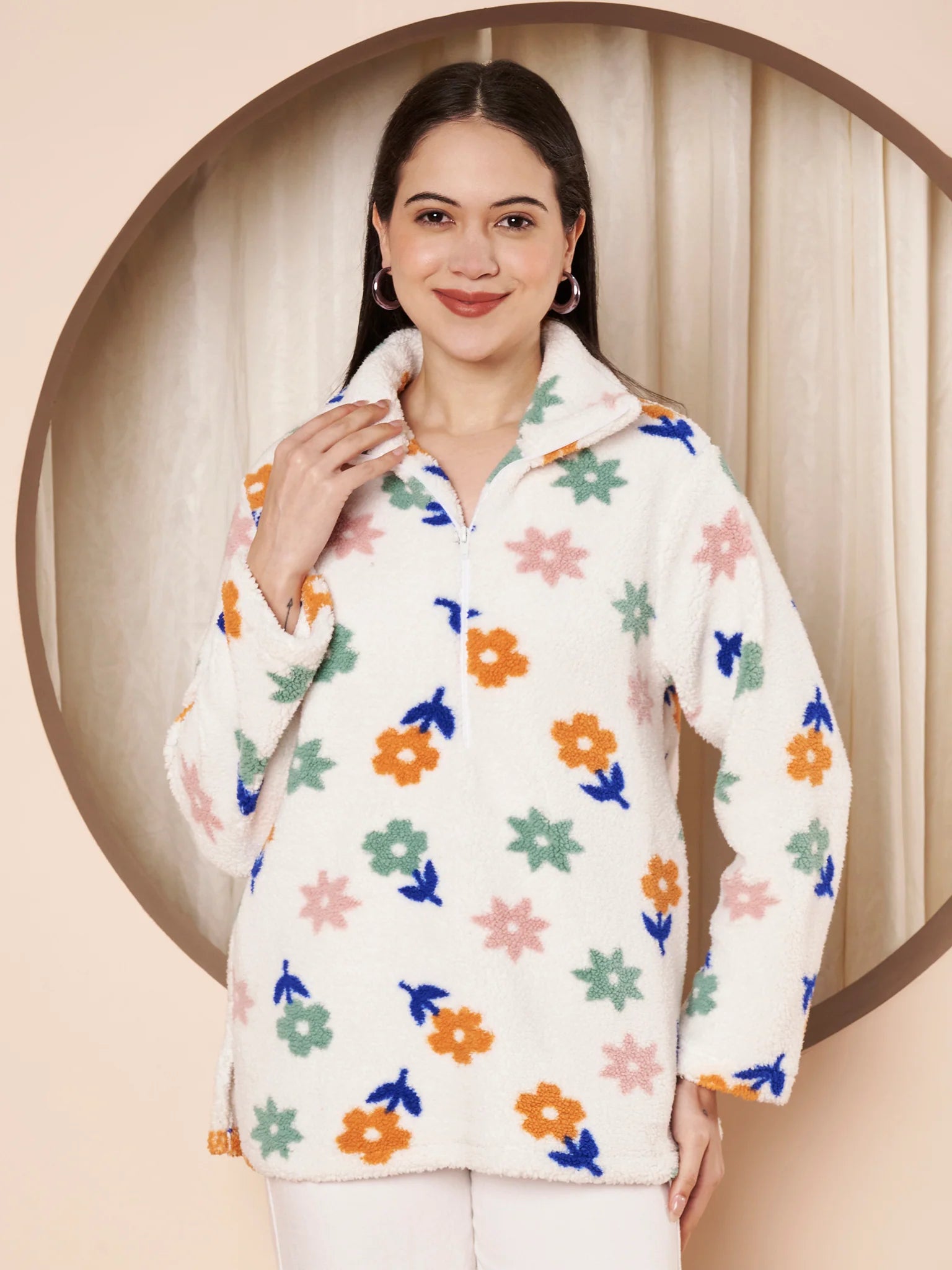 White Floral Fur Winter Maternity Pullover