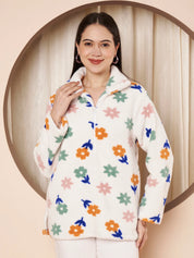 White Floral Fur Winter Maternity Pullover