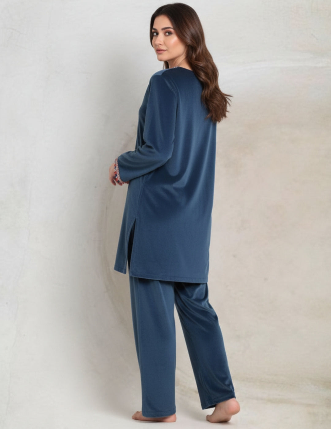 Teal Solid Velour Night Suit