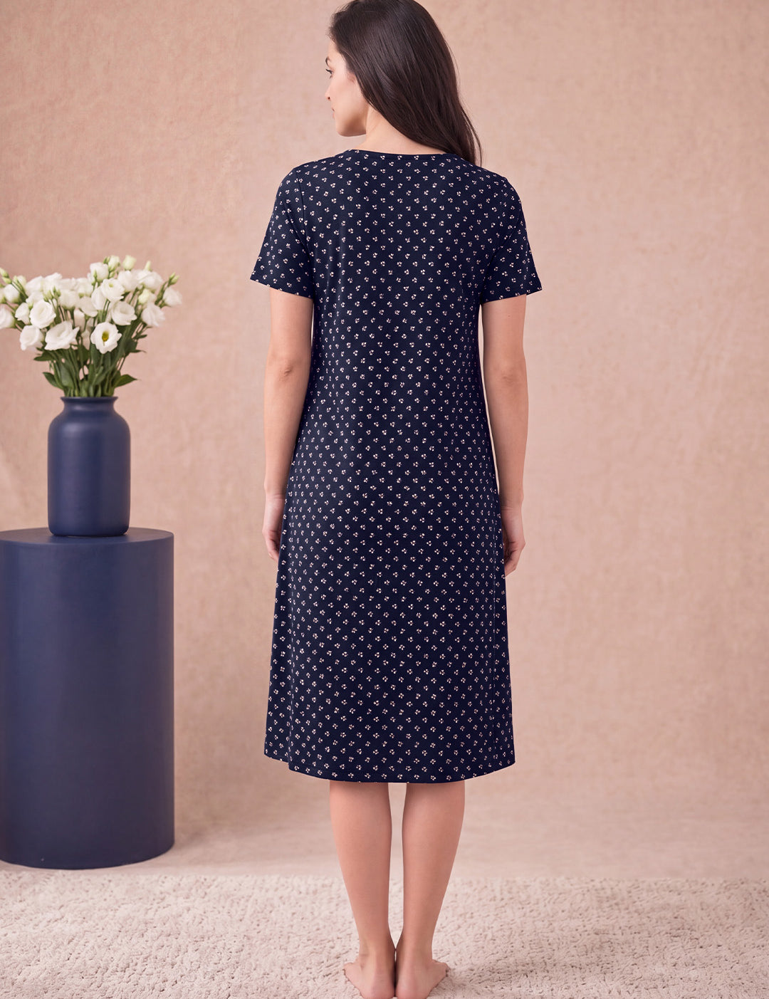 Navy Blue Printed Hosiery Zipless Maternity Nighty