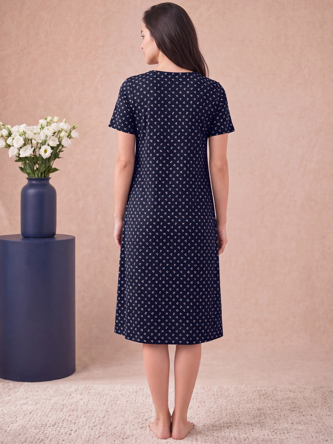 Navy Blue Printed Hosiery Zipless Maternity Nighty