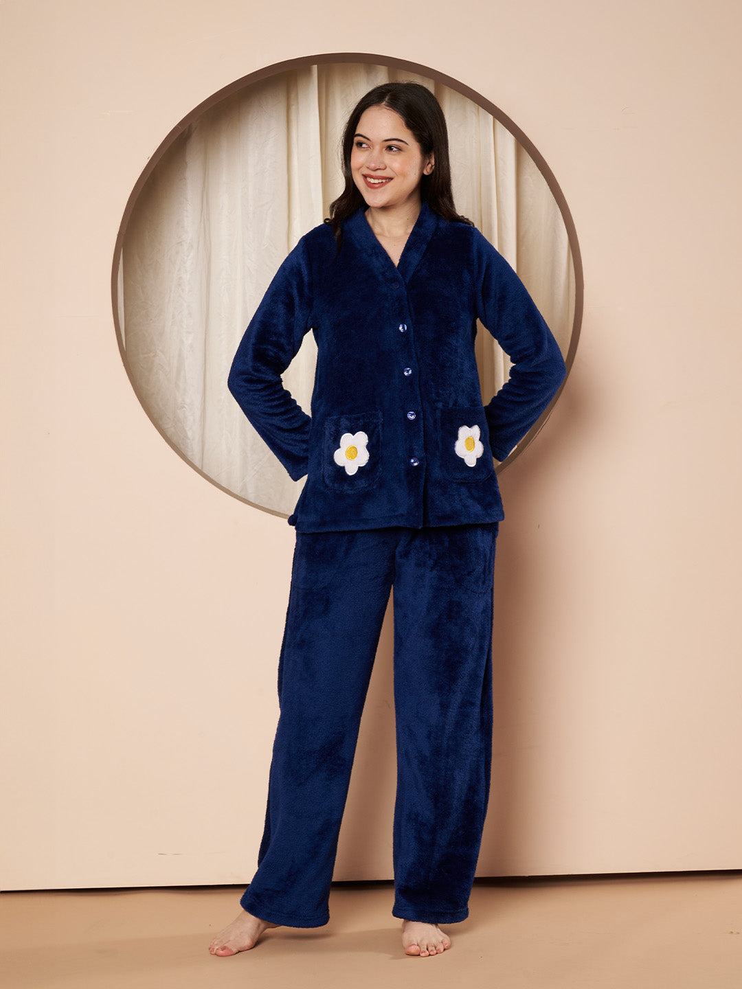 Navy Daisy Pocket Faux Fur Winter Night Suit