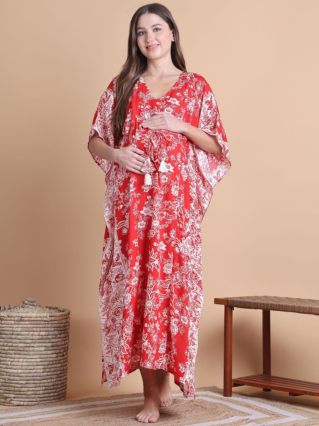 Rayon Floral Red Maternity Feeding Kaftan