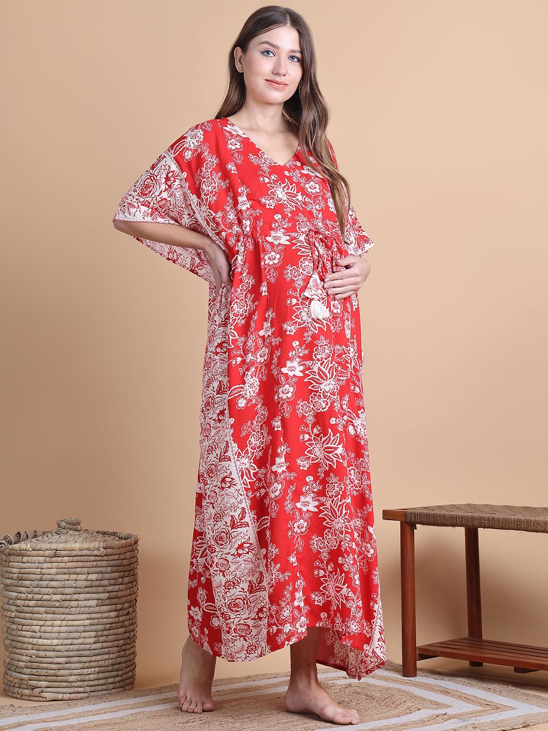 Rayon Floral Red Maternity Feeding Kaftan