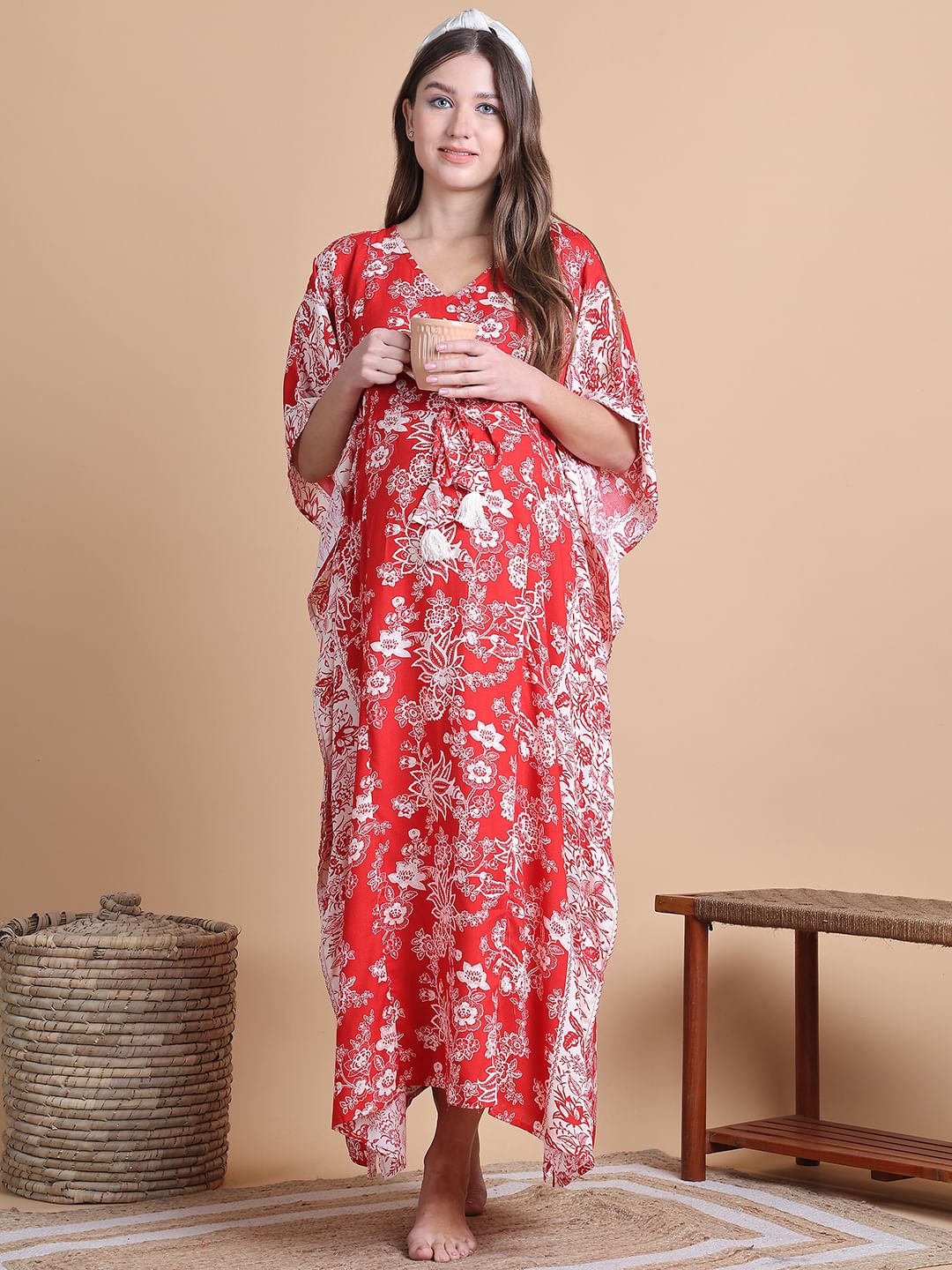 Rayon Floral Red Maternity Feeding Kaftan
