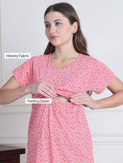 Secret Wish Pink Floral Hosiery Maternity Nighty