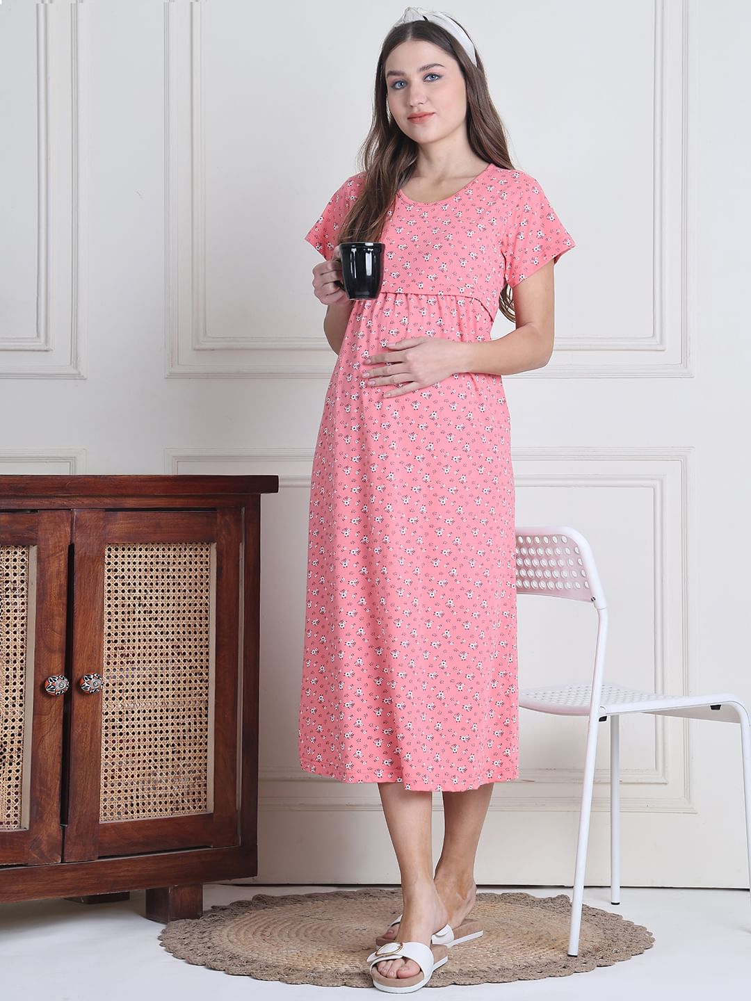 Secret Wish Pink Floral Hosiery Maternity Nighty